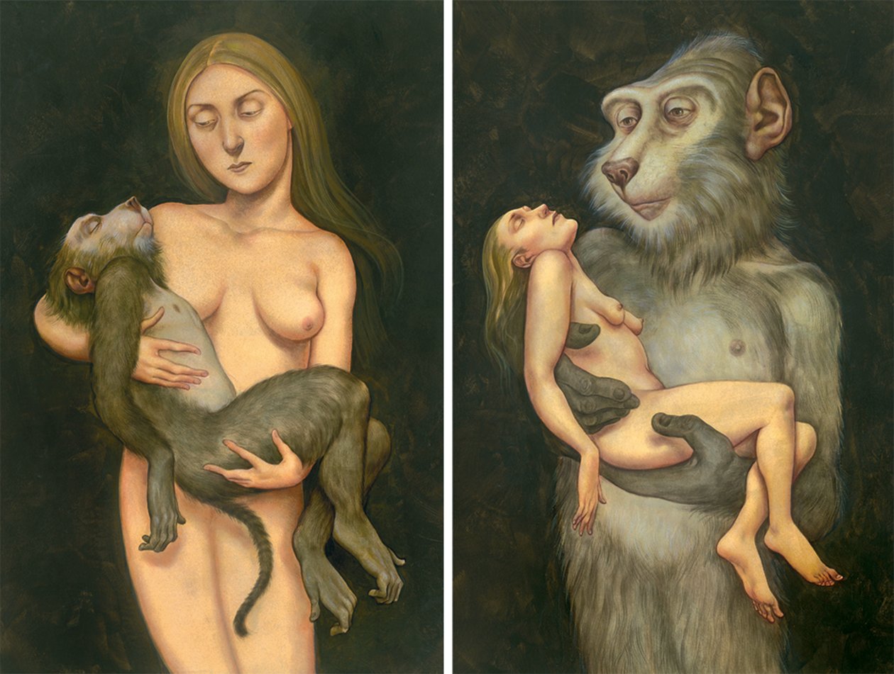 有猕猴的圣母像》，2010 年（插图板上的丙烯颜料） 作者 安妮塔昆兹