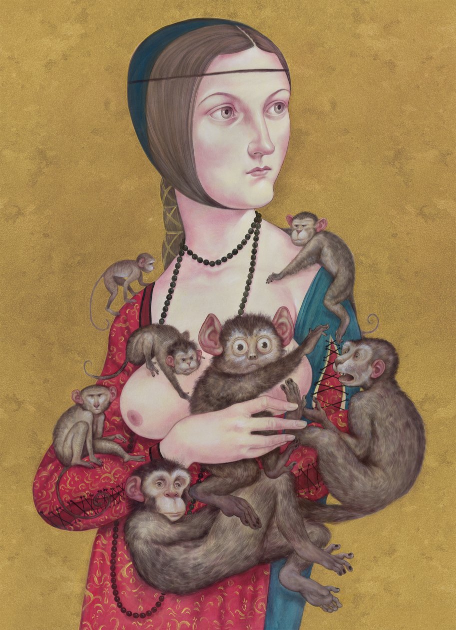 有猴子的女人》，2016 年（插图板上的丙烯颜料） 作者 安妮塔昆兹