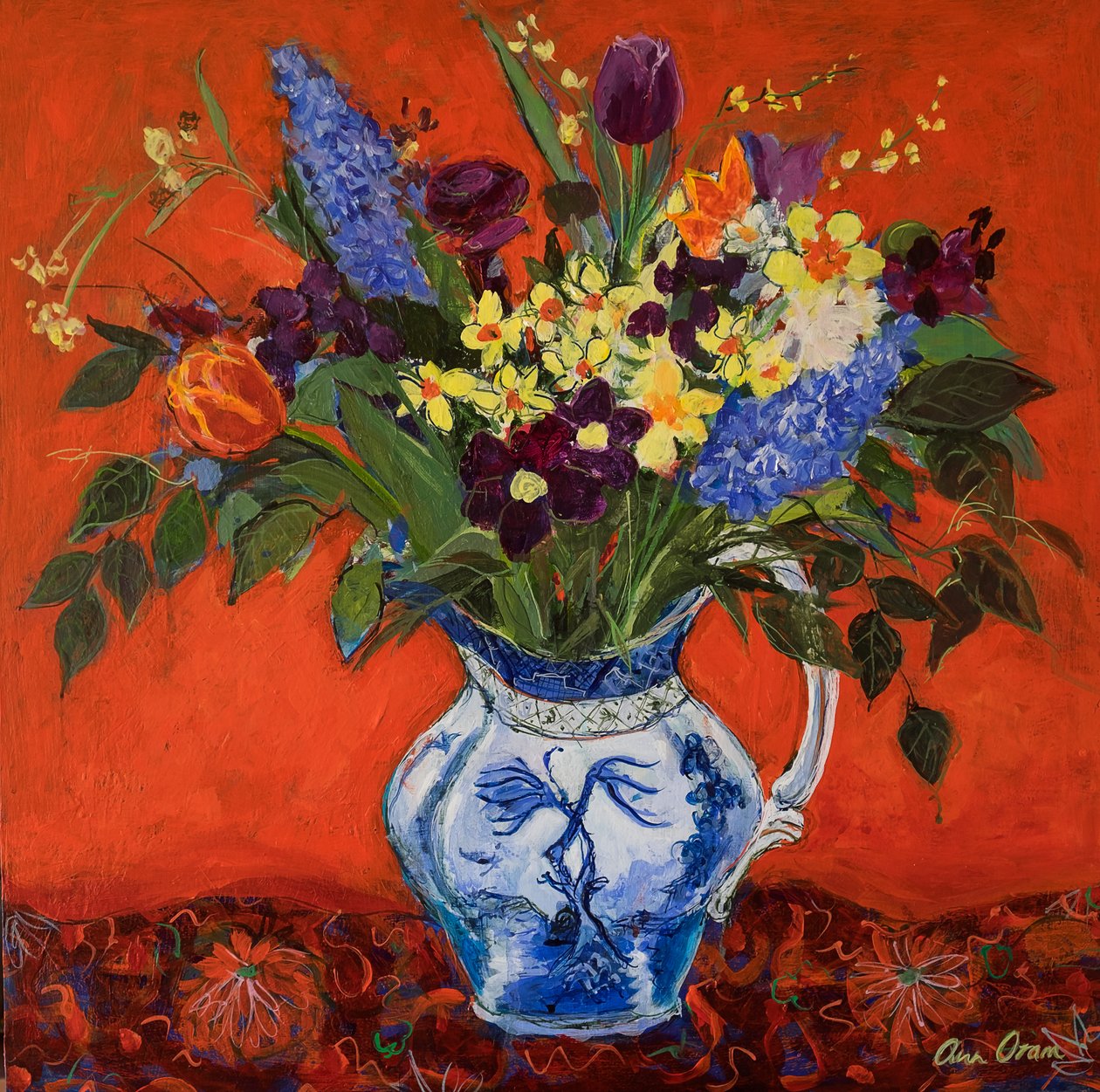 红底春花，2017（丙烯） 作者 安·奥拉姆