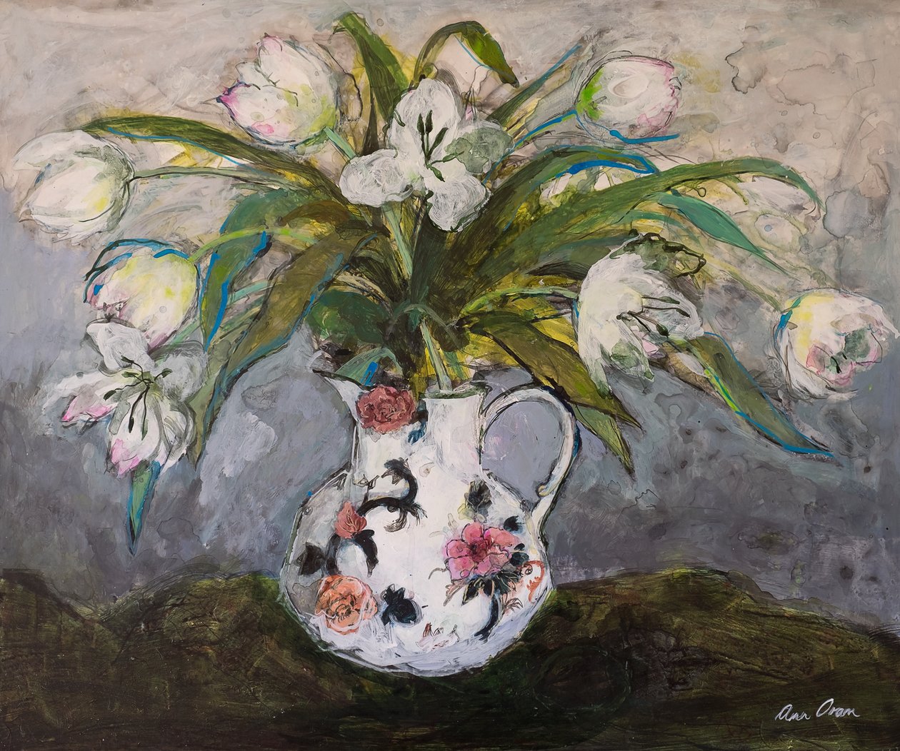 铁石壶中的白色郁金香，2019（丙烯酸） 作者 安·奥拉姆