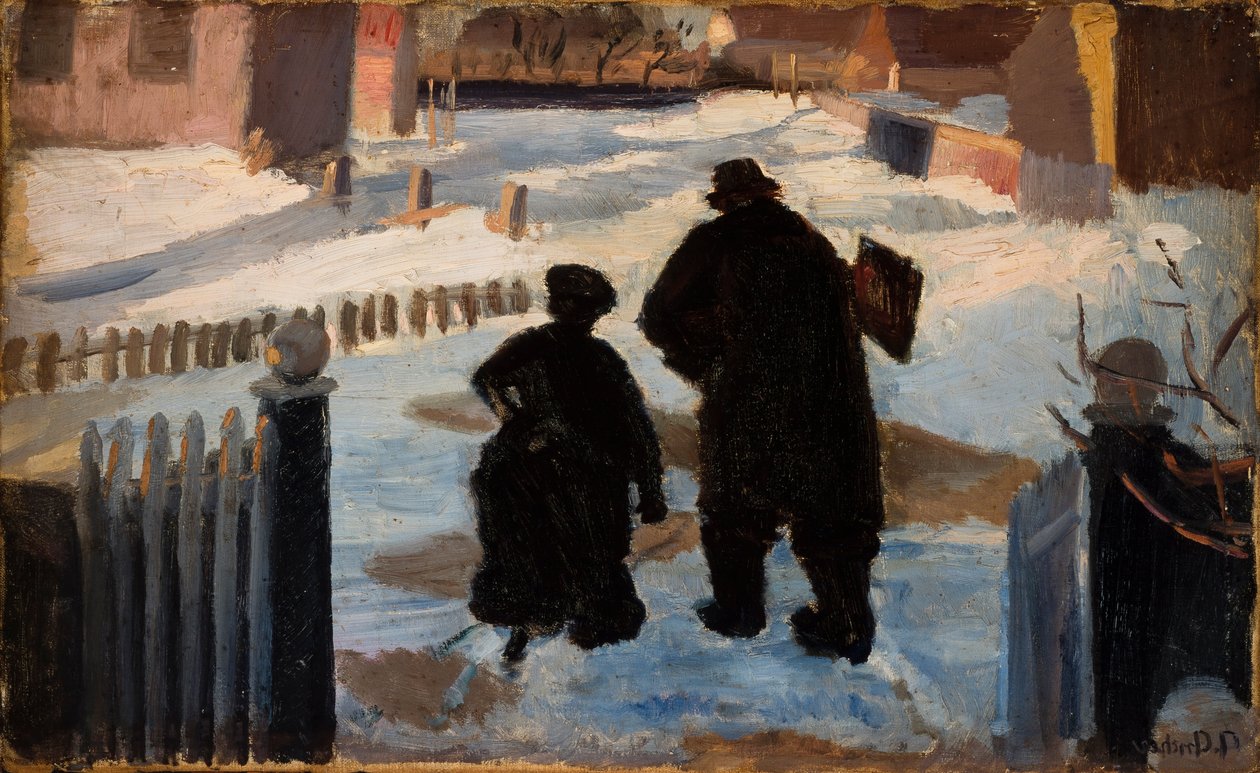迈克尔·安彻（Michael Ancher）在风琴家海伦·克里斯滕森（Helene Christensen）的陪伴下前往工作室 作者 安娜·安彻