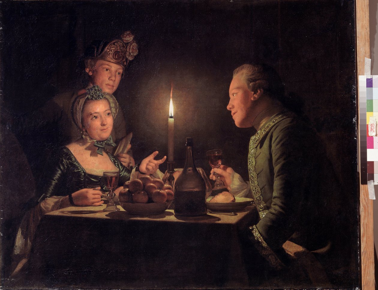 Diner aux chandelles（烛光晚餐）。Anna Dorothea Therbusch Lisiewska（1721-1782 年）的绘画作品。水彩画，95.5 x 117 厘米 作者 安娜·多萝西娅·利谢夫斯卡
