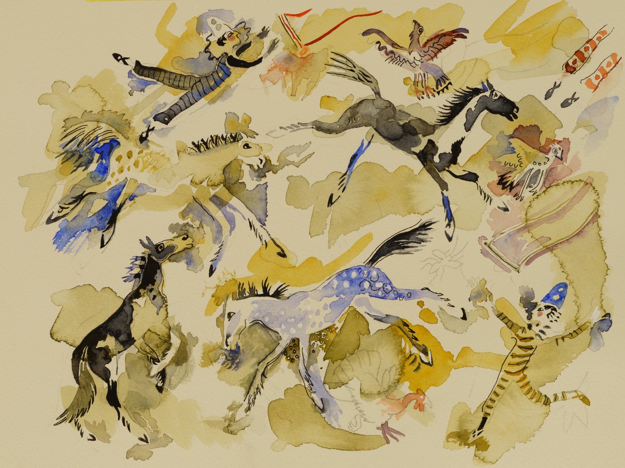 马与小丑》，2023 年（水彩画） 作者 