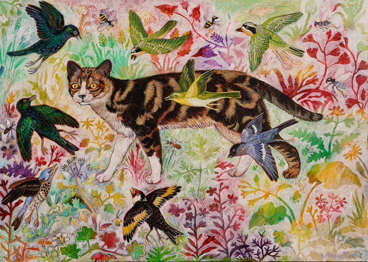 虎斑猫和小鸟》，2019 年（丙烯酸） 作者 