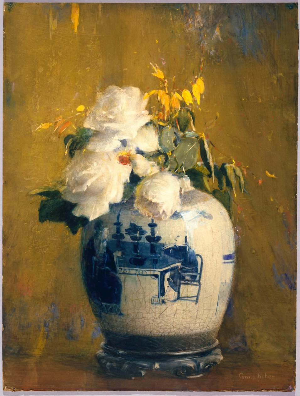 白玫瑰》，1922 年前（不透明水彩、石墨、粉彩和透明水彩，乳白色、厚薄适中、略有纹理的梭织纸，裱在木浆纸板上） 作者 安娜·费舍尔