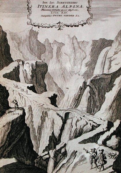 约翰-雅各布-谢赫泽里的《阿尔卑斯山》第一卷的封面图，1706年出版（雕刻）。 作者 安娜·瓦塞拉（后）提古丽娜