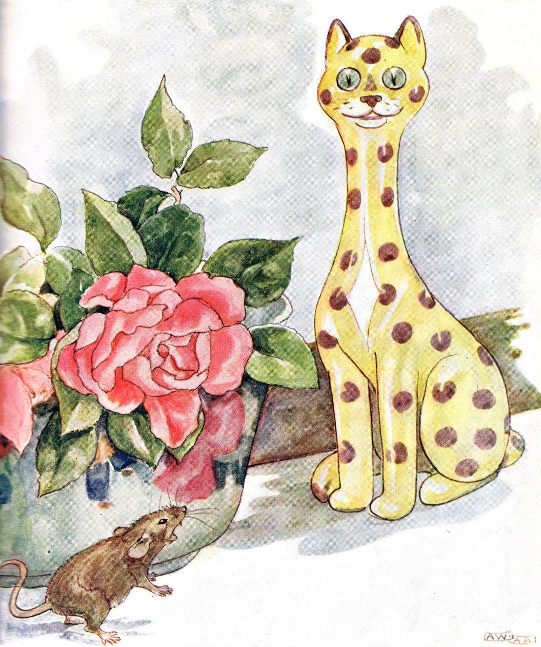 “我看到一只大猫全都被斑点覆盖了”，插图来自“The Mischievious Mousie Book”，由Thomas Nelson und Sons出版，20世纪20年代 作者 安妮·安德森（Anne Anderson）