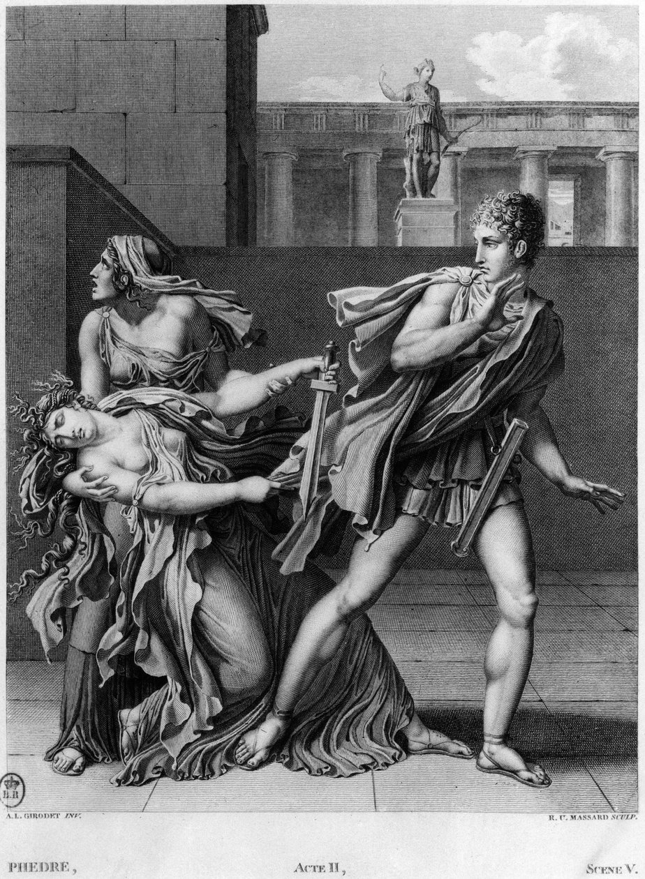 Phaedra，Oenone和Hippolytus，来自Jean Racine（1639-99）的第二幕&39;Phedre&39;场景5中的插图由Raphael Urbain Massard（1775-1843）1824年刻 作者 安妮·路易斯·吉罗代德·鲁西·特里森