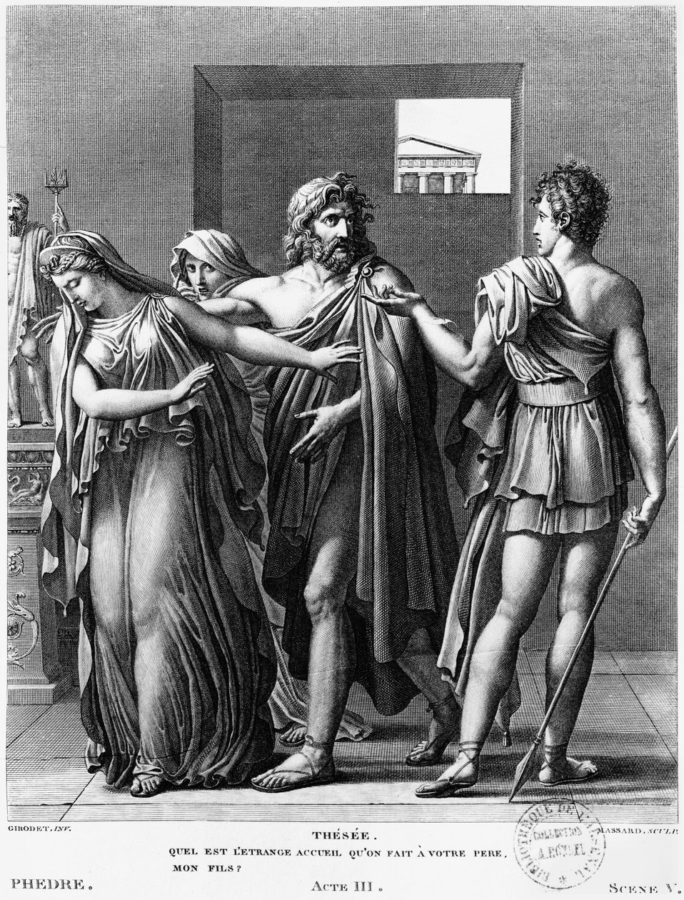 Phaedra，Theseus和Hippolytus，来自Jean Racine（1639-99）的第三幕&39;Phedre&39;场景5的插图由Raphael Urbain Massard（1775-1843）1824年刻 作者 安妮·路易斯·吉罗代德·鲁西·特里森