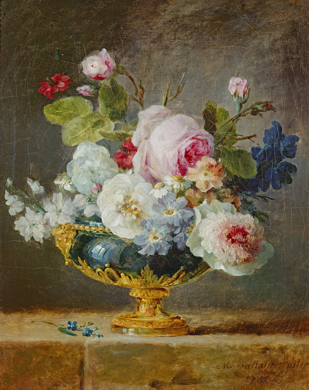 在一个蓝色花瓶的花，1782年 作者 安妮·瓦莱尔·科斯特
