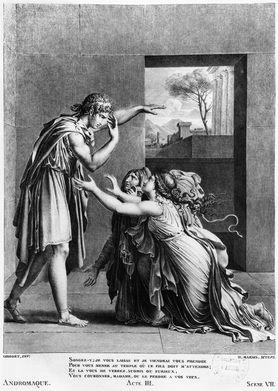在Pyrrhus脚下的Andromache，由Jean Racine（1639-99）拍摄的第3幕“Andromaque”场景7中的插图由Henri Marais雕刻（bc1768） 作者 安妮·路易斯·吉罗代德·鲁西·特里森