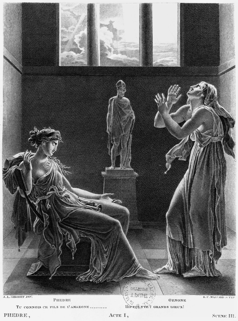 Phaedra和Oenone，由Jean Racine（1639-99）拍摄的第一幕&39;Phedre&39;场景3插图由Raphael Urbain Massard（1775-1843）1824年刻 作者 安妮·路易斯·吉罗代德·鲁西·特里森