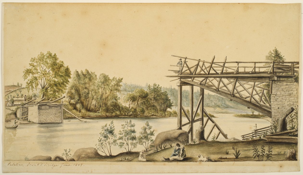不完整的桥，帕拉蒂尼，纽约，1808年（水彩和石墨在纸上） 作者 安妮·玛格丽特·海德·德·诺伊维尔