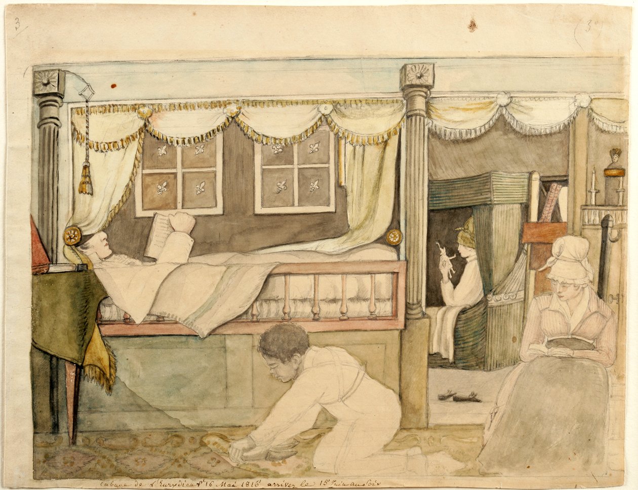 Eurydice上的Hyde De Neuville小屋，1816年（水彩，石墨，黑色和棕色墨水在纸上，安装在卡片上） 作者 安妮·玛格丽特·海德·德·诺伊维尔