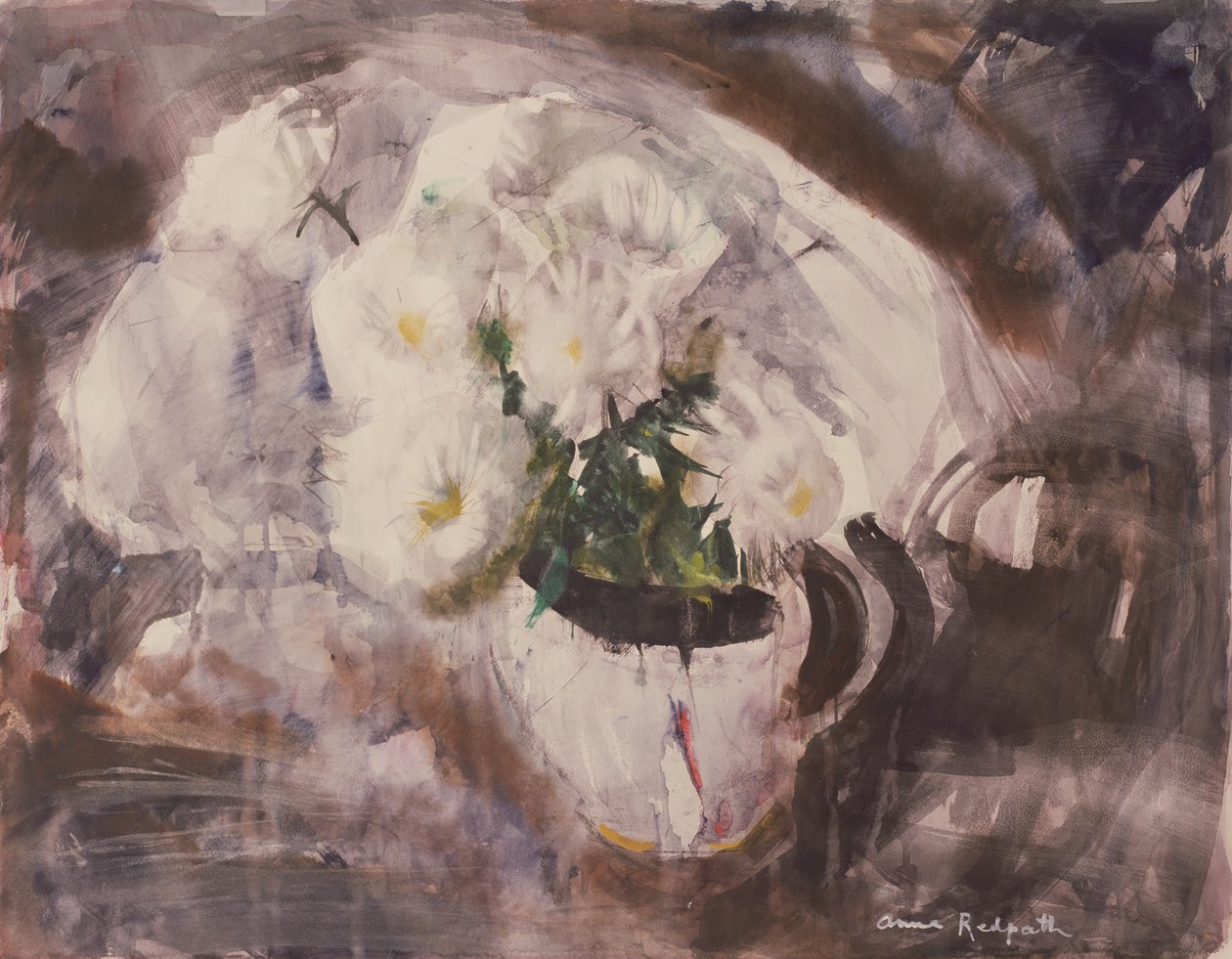白壶中的白花，约 1960 年（纸面水彩画） 作者 安妮·雷德帕斯