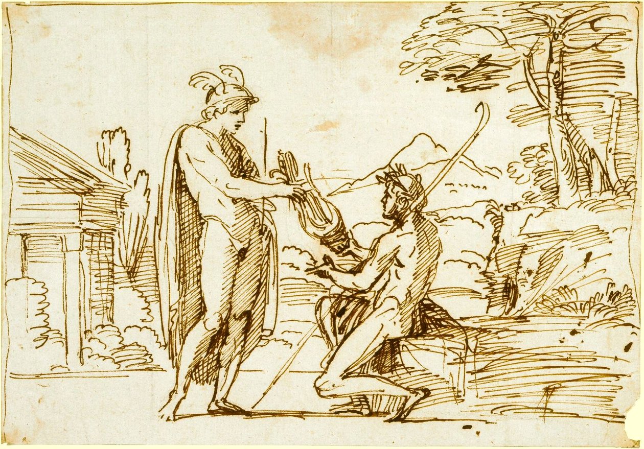 阿波罗接受了水星研究为法尔内塞画廊的七弦琴 作者 Annibale Carracci