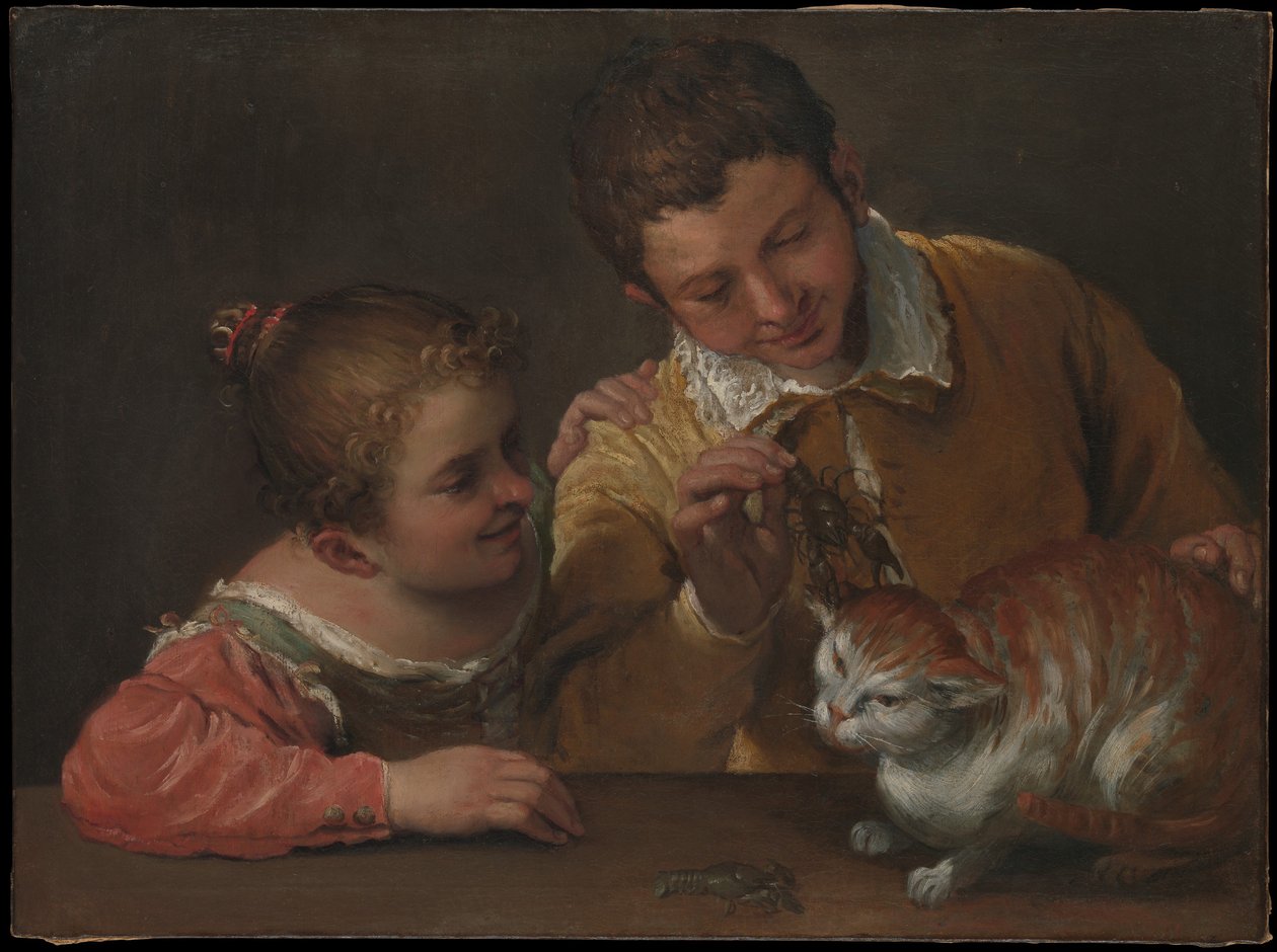 两个孩子戏弄一只猫 作者 Annibale Carracci