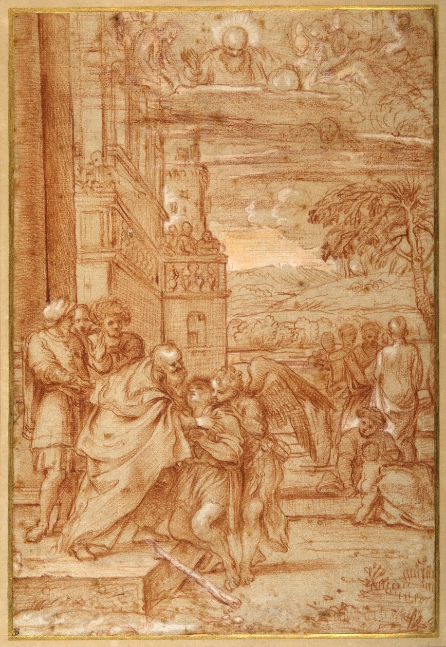 Annibale Carracci 之后的浪子归来（红色粉笔和纸上加高） 作者 Annibale（卡拉奇的追随者）