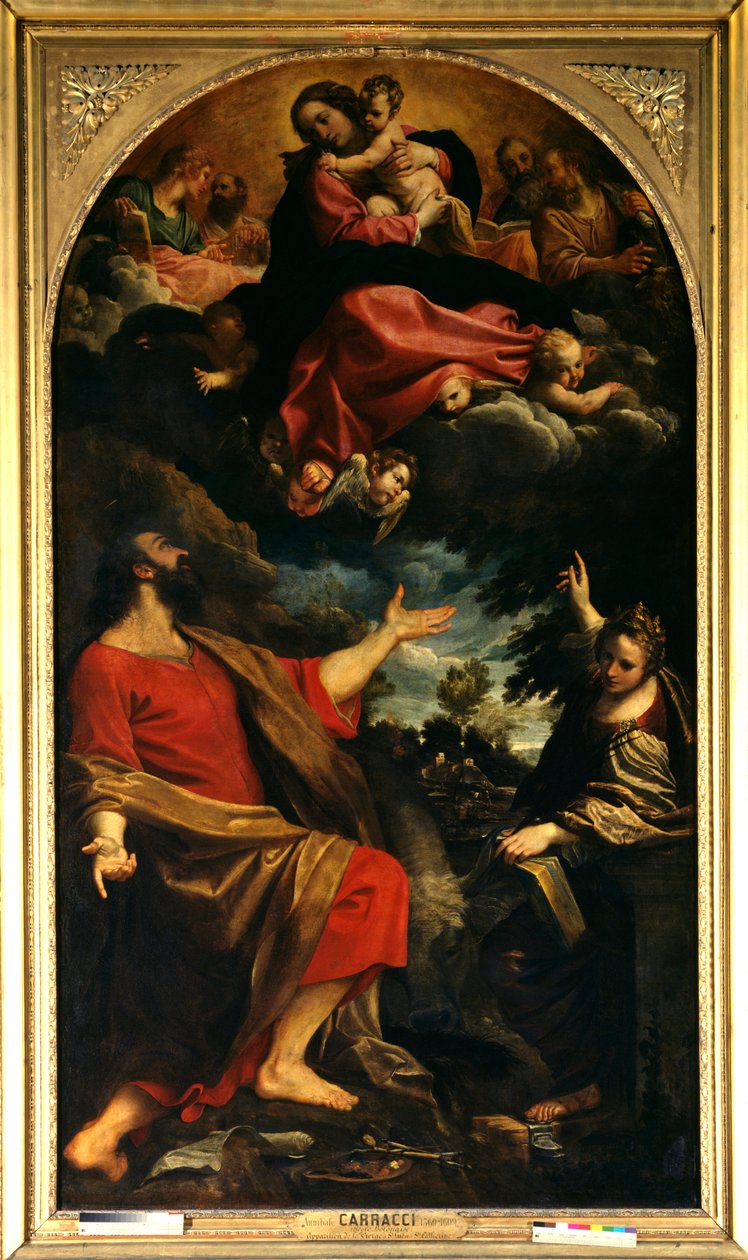 Apparition of the Virgin to St. Luke and St. Catherine of Alexandria Painting by Annibale Carracci or Annibal Carrache (1560-1609). 1592. Sun. 2,26x4,01 m Paris, musee du Louvre. 作者 Annibale Carracci