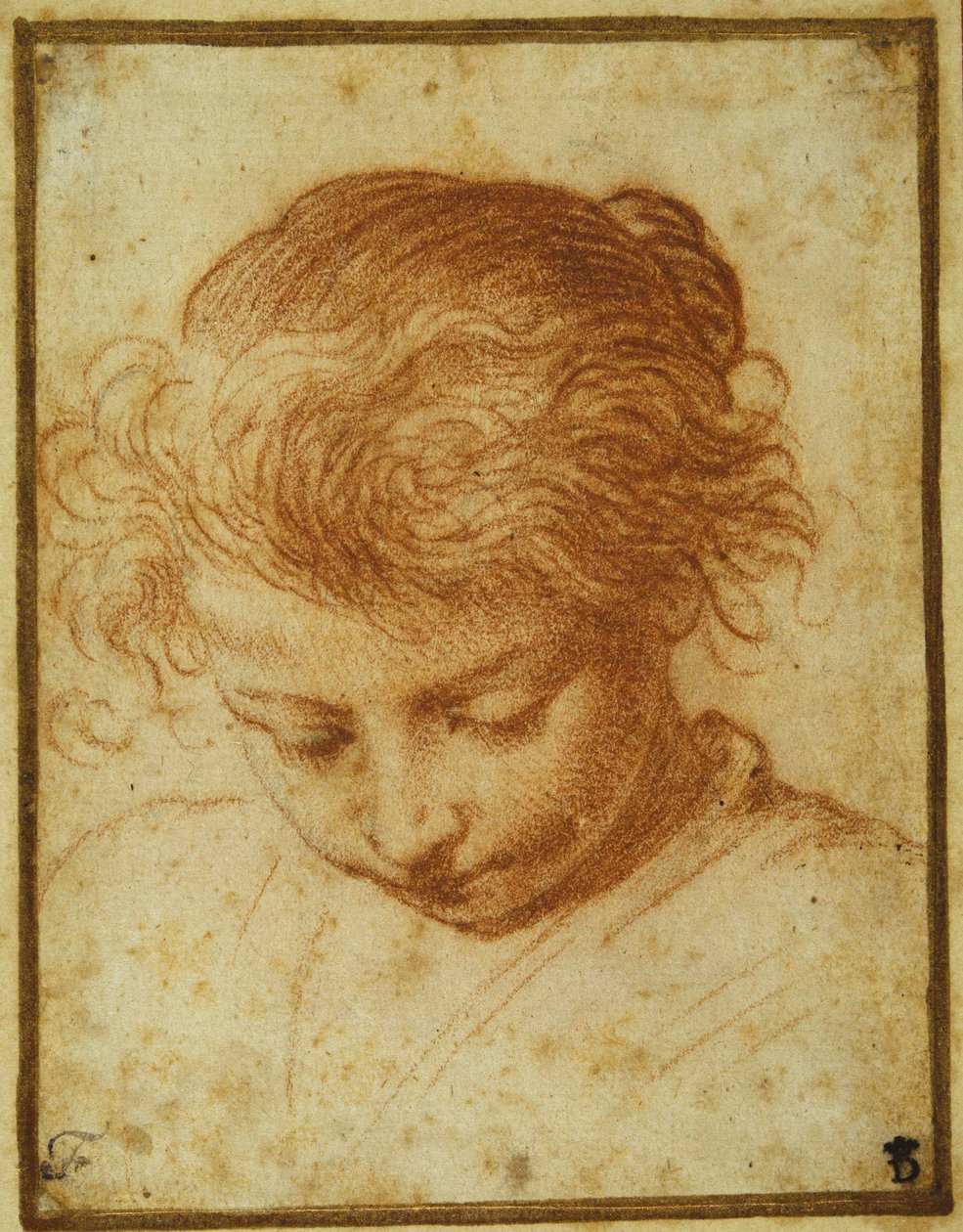 一个向下看的年轻女孩的头（奶油纸上的红色粉笔） 作者 Annibale Carracci