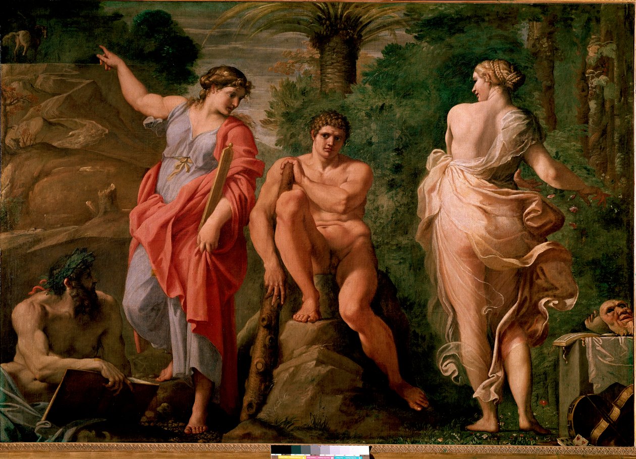 赫拉克勒斯 (Heracles) 在十字路口 Annibale Carracci (Annibal Carrache) (1560-1609) 的绘画。 1596 年尺寸 167x237 厘米那不勒斯卡波迪蒙特国家博物馆。 作者 Annibale Carracci