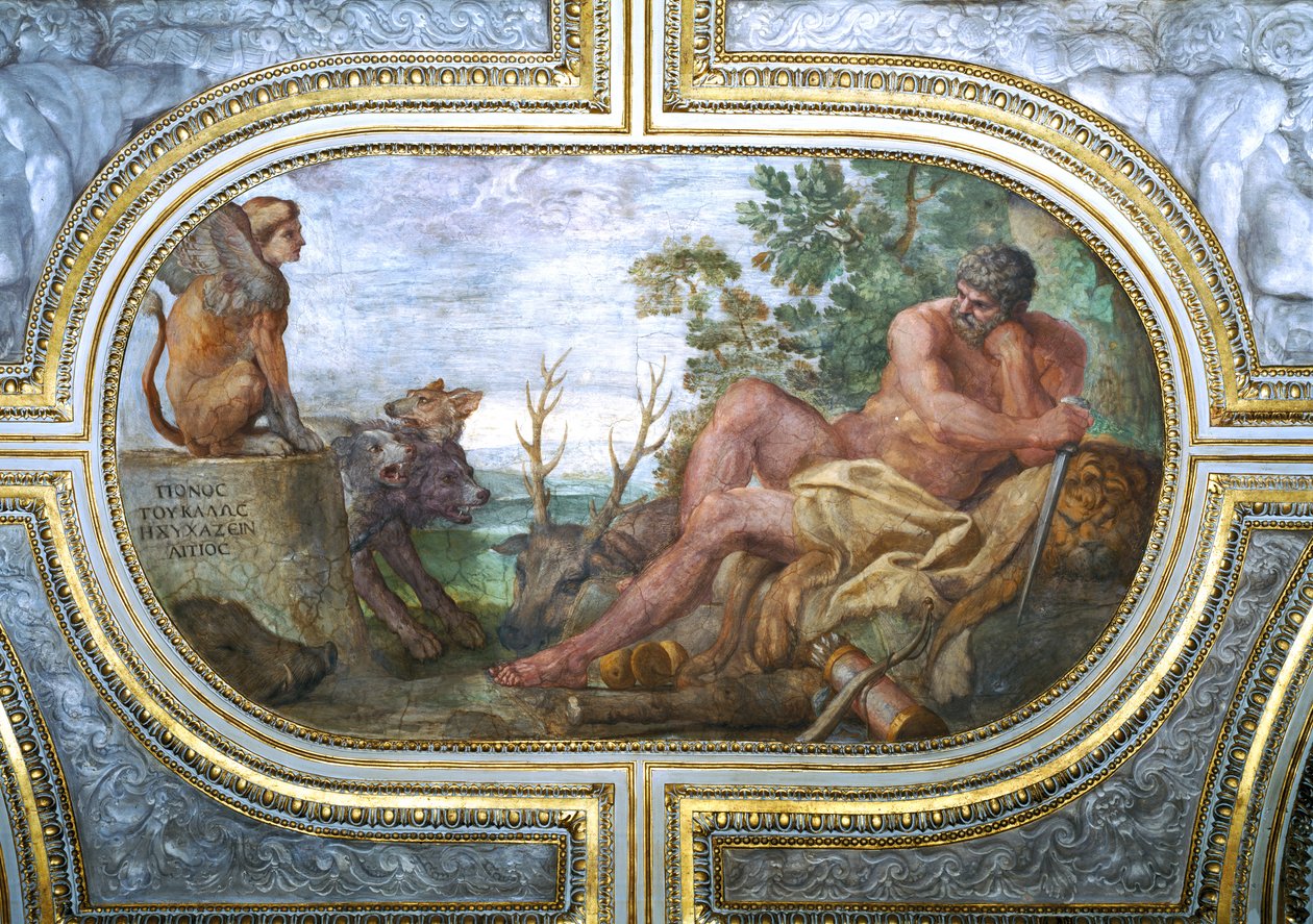 赫克鲁斯和狮身人面像与塞伯鲁斯，来自&39;Camerino&39;，1596年 作者 Annibale Carracci