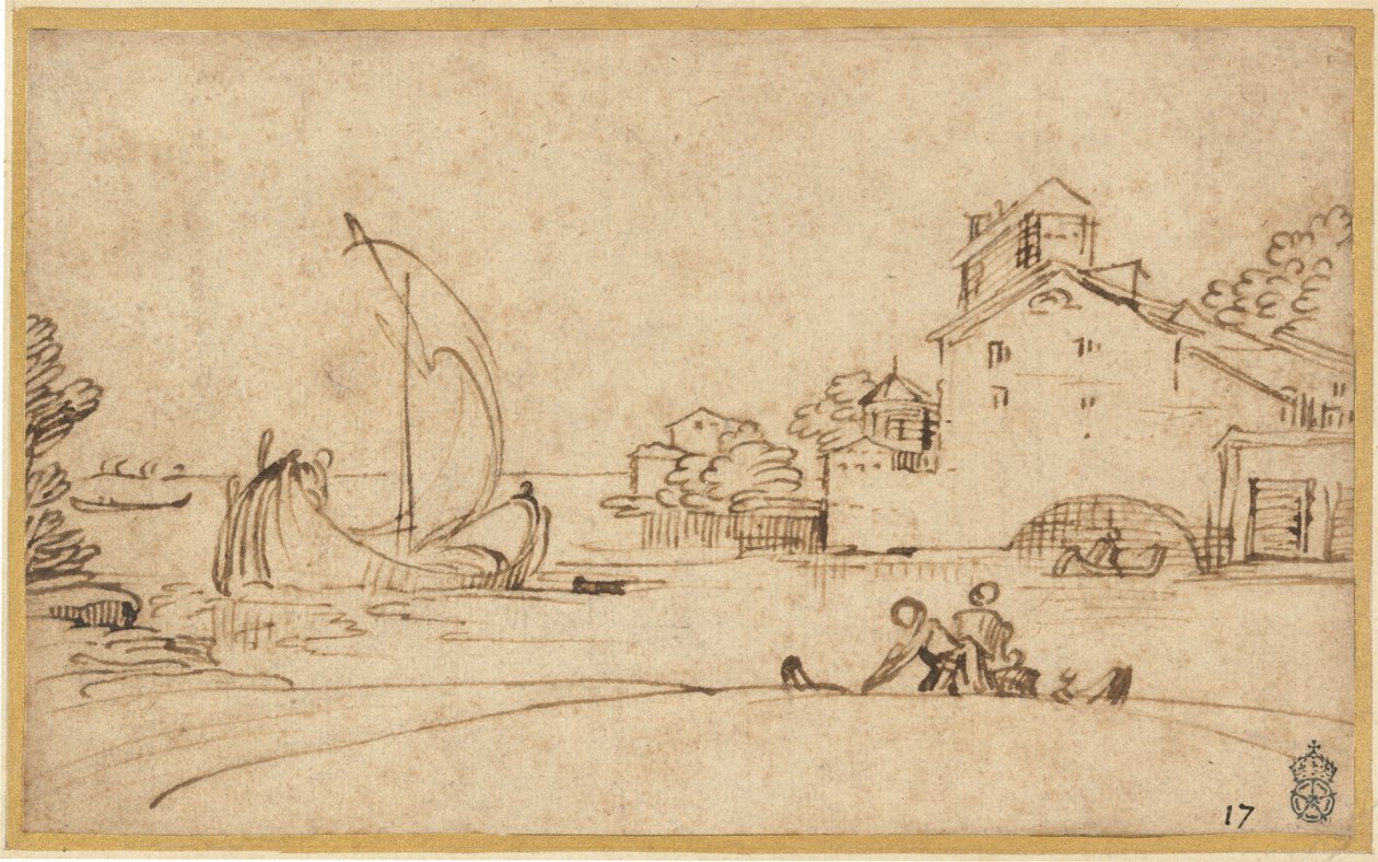 河口的风景与人物和帆船 作者 Annibale Carracci