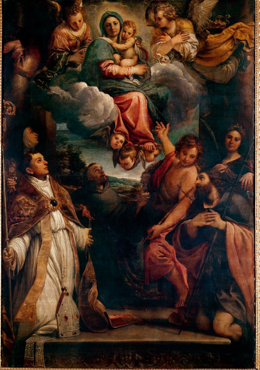 麦当娜与圣卢多维奇的孩子和六位圣人麦当娜一起荣耀。 Annibale Carracci 的绘画（Annibale Carrache 作者 Annibale Carracci