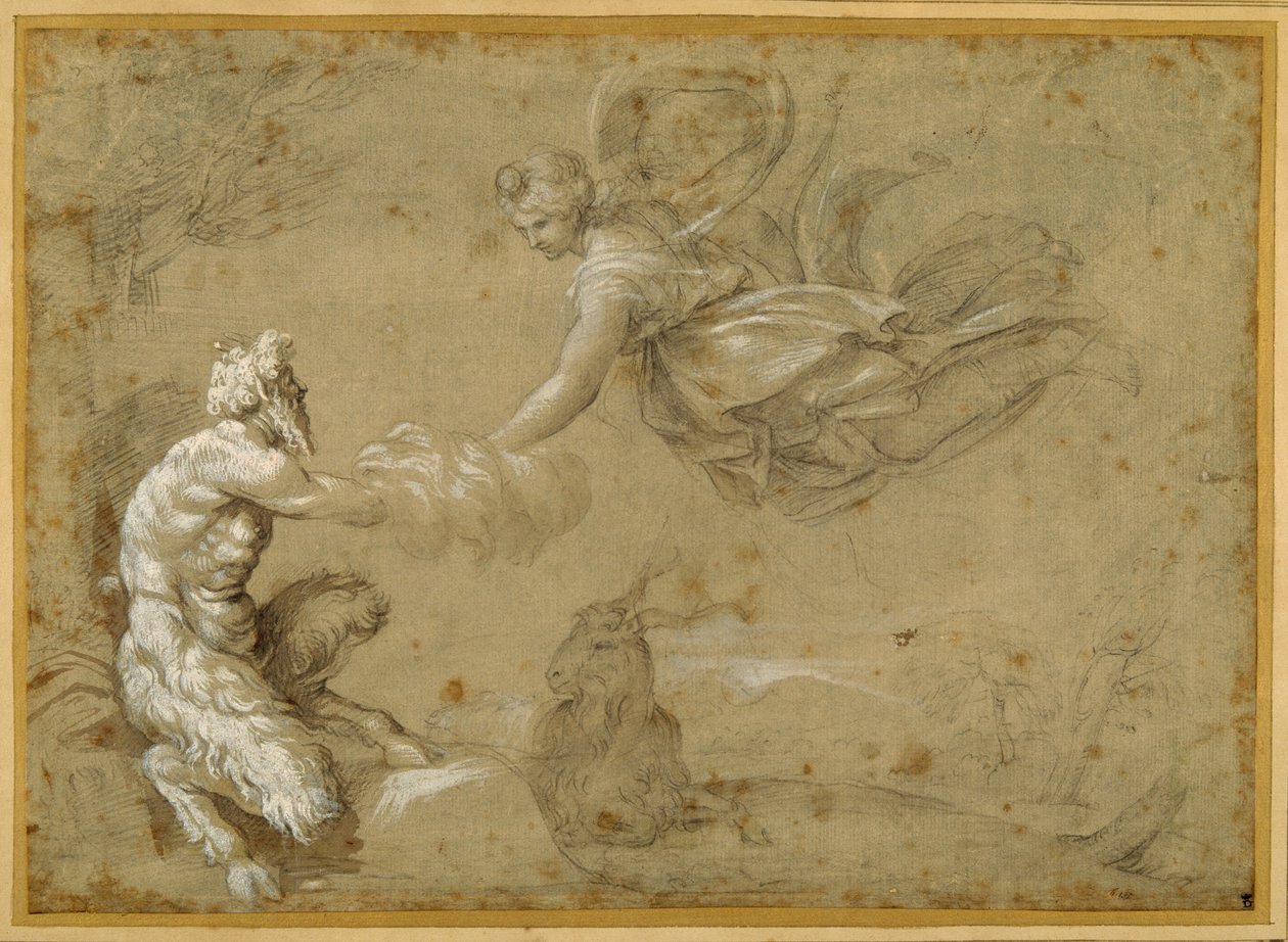 潘向戴安娜赠送羊毛（钢笔和棕色墨水与棕色水洗）。 作者 Annibale Carracci