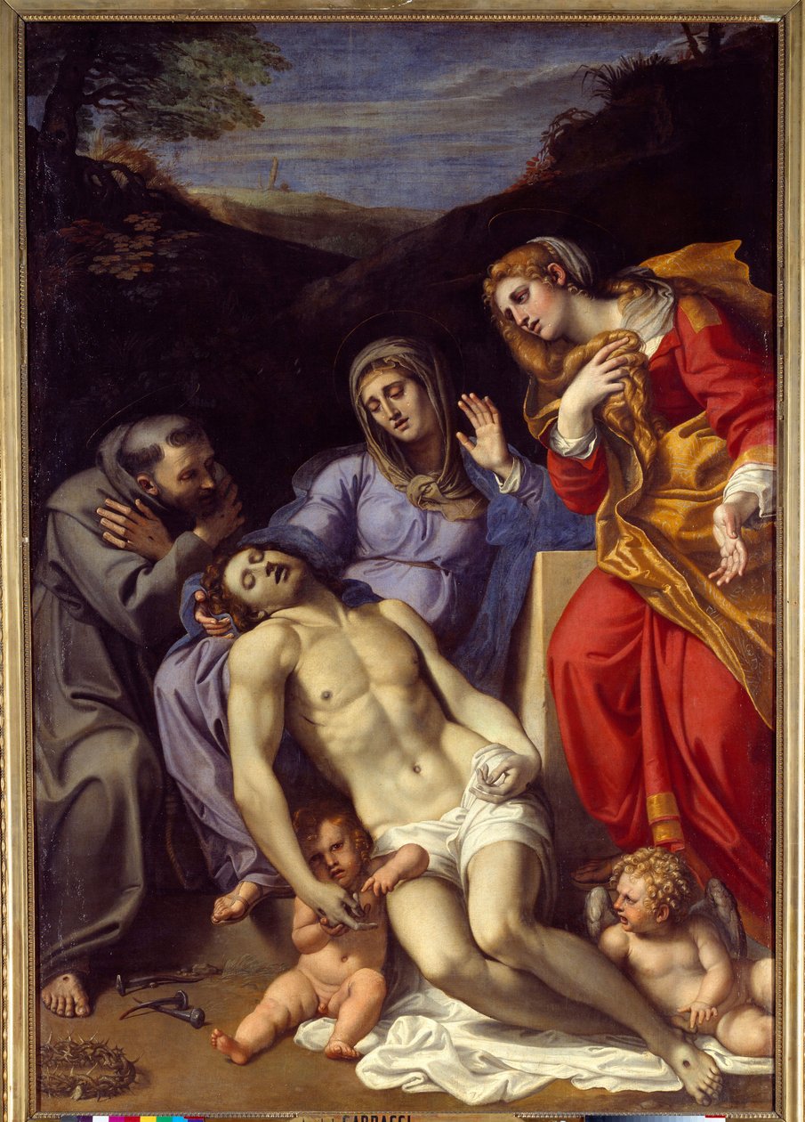 Pieta with Saint Francois of Assisi and Saint Mary Magdalene Annibale Carracci 或 Annibal Carrache（1560-1609）的绘画。 1602. 太阳 2,77x1,87 m 作者 Annibale Carracci