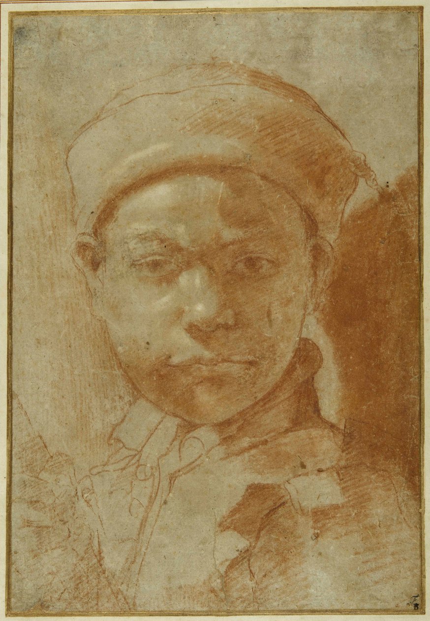 青年肖像，半身长，戴圆帽（灰纸上的红色粉笔）。 作者 Annibale Carracci