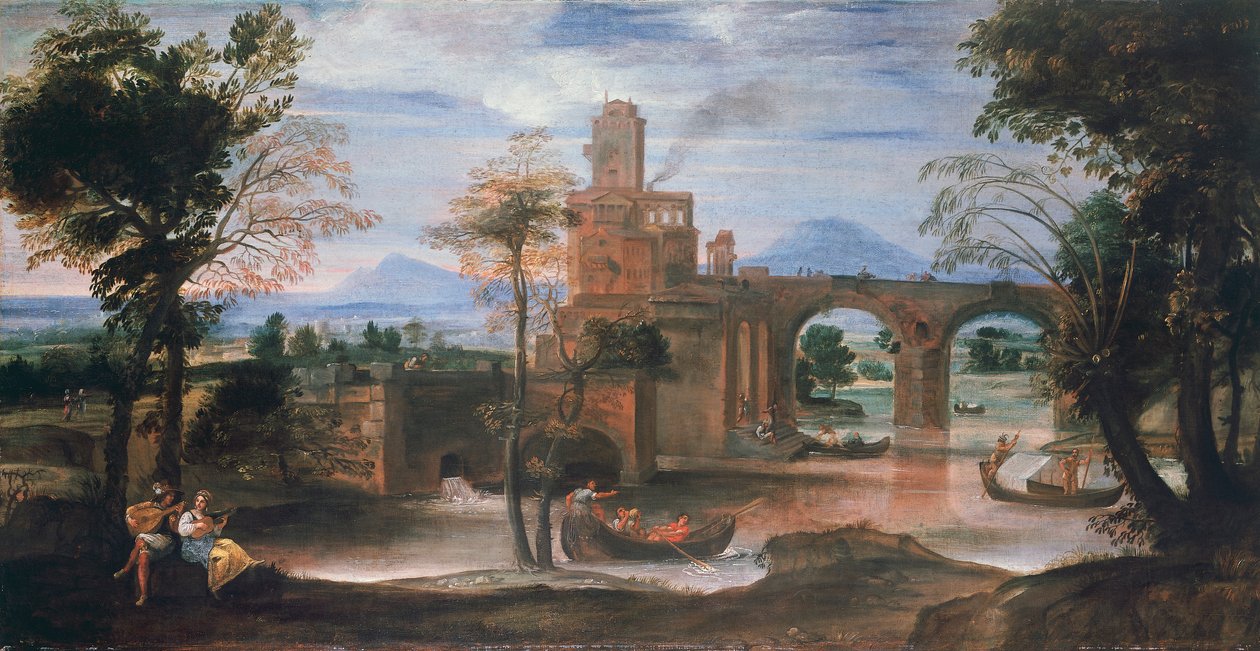 带有城堡和桥梁的河流景观，约1598年（布面油画 作者 Annibale Carracci