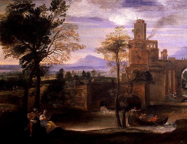 有桥的罗马风景（布面油画）（186429年的细节）。 作者 Annibale Carracci