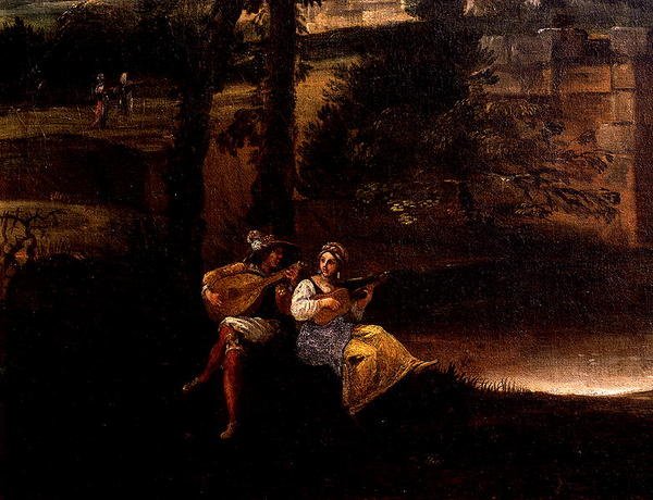 有桥的罗马风景（布面油画）（186429和186430的细节）。 作者 Annibale Carracci