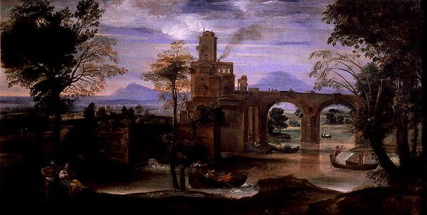 有桥的罗马风景（布面油画）（另见186430和186431）。 作者 Annibale Carracci
