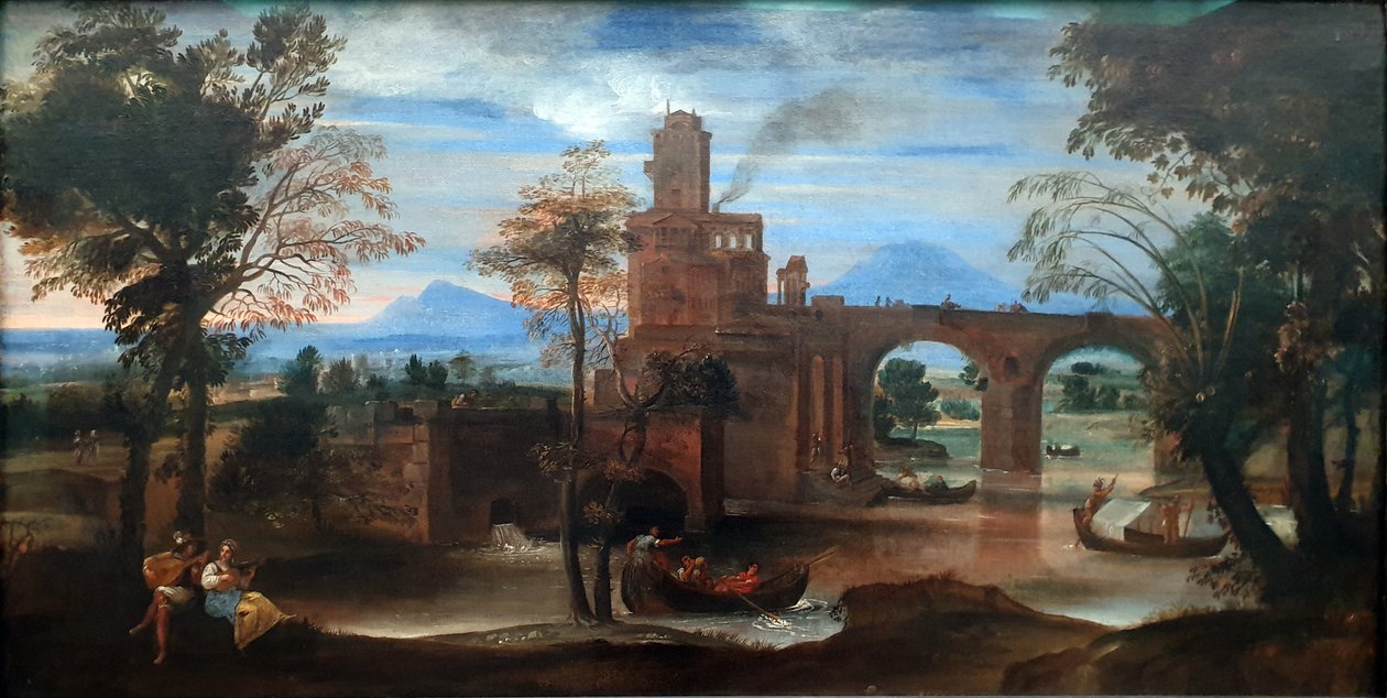 带有堡垒和桥梁的罗马河景观 作者 Annibale Carracci