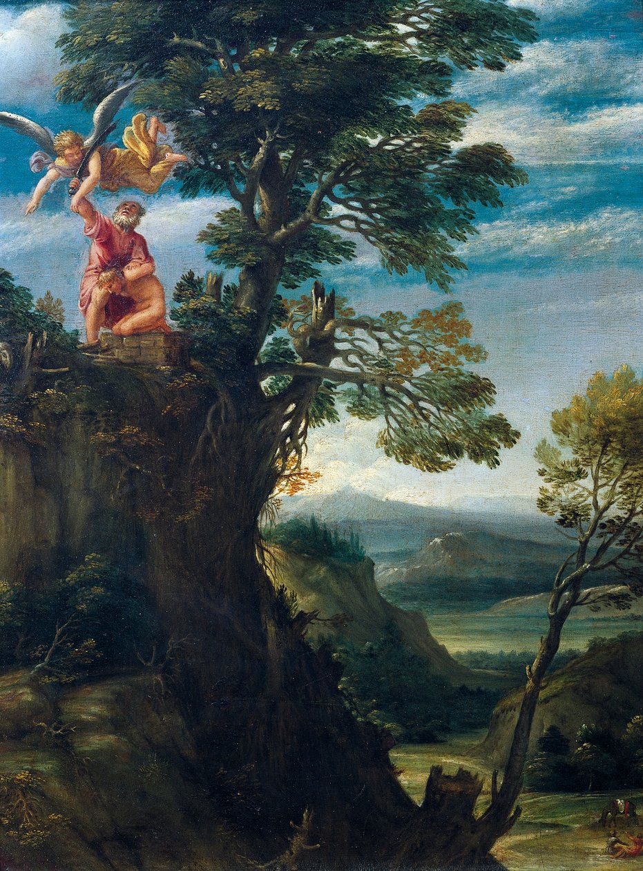 安尼巴莱-卡拉奇（1560-1609）的《以撒的牺牲》，布面油画，45x34厘米 作者 Annibale Carracci