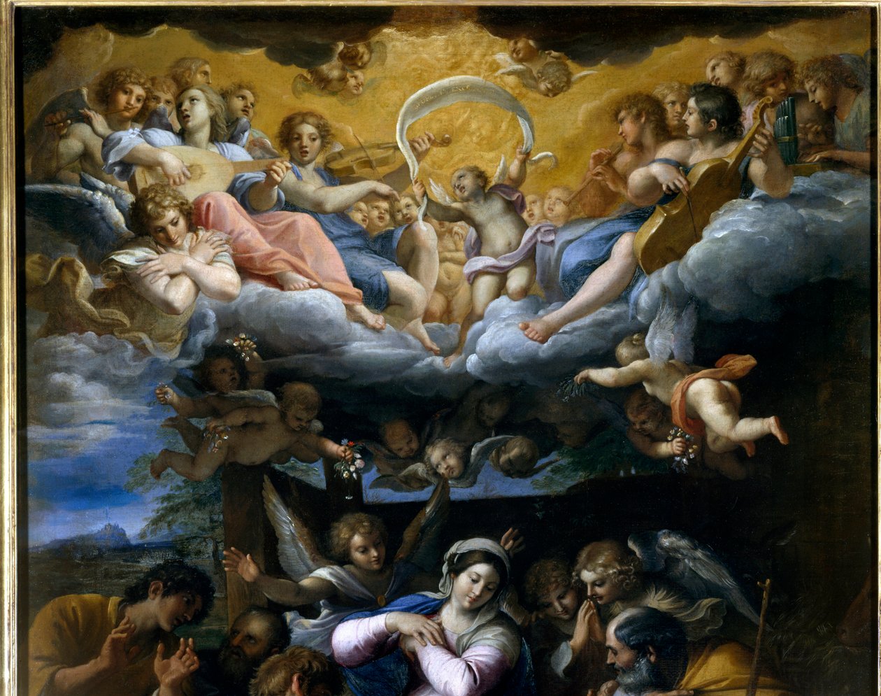 牧羊人的崇拜细节代表天上天使演唱上帝的荣耀。 Annibale Carracci 或 Annibal Carrache (1560-1609) 的绘画。 1597. 奥尔良，美术博物馆。 作者 Annibale Carracci