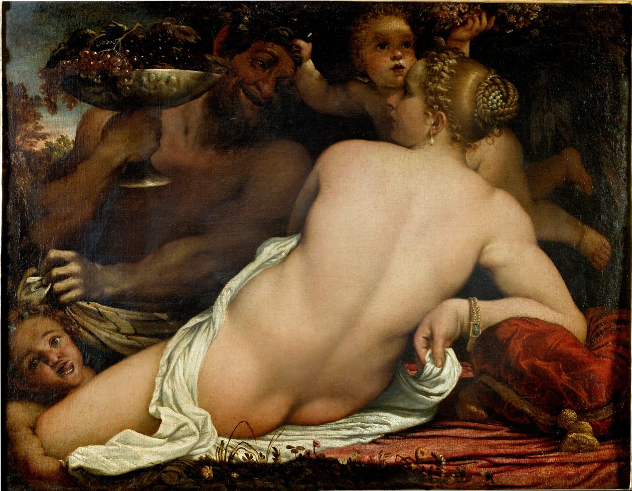 酒神、维纳斯、色狼和两个丘比特，细节（布面油画，约 1588 年） 作者 Annibale Carracci