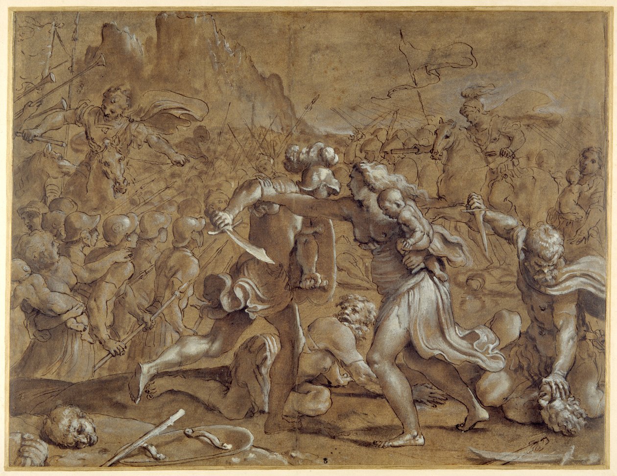 罗马人和萨宾人之间的战斗（纸上水墨和水粉笔画 作者 Annibale Carracci