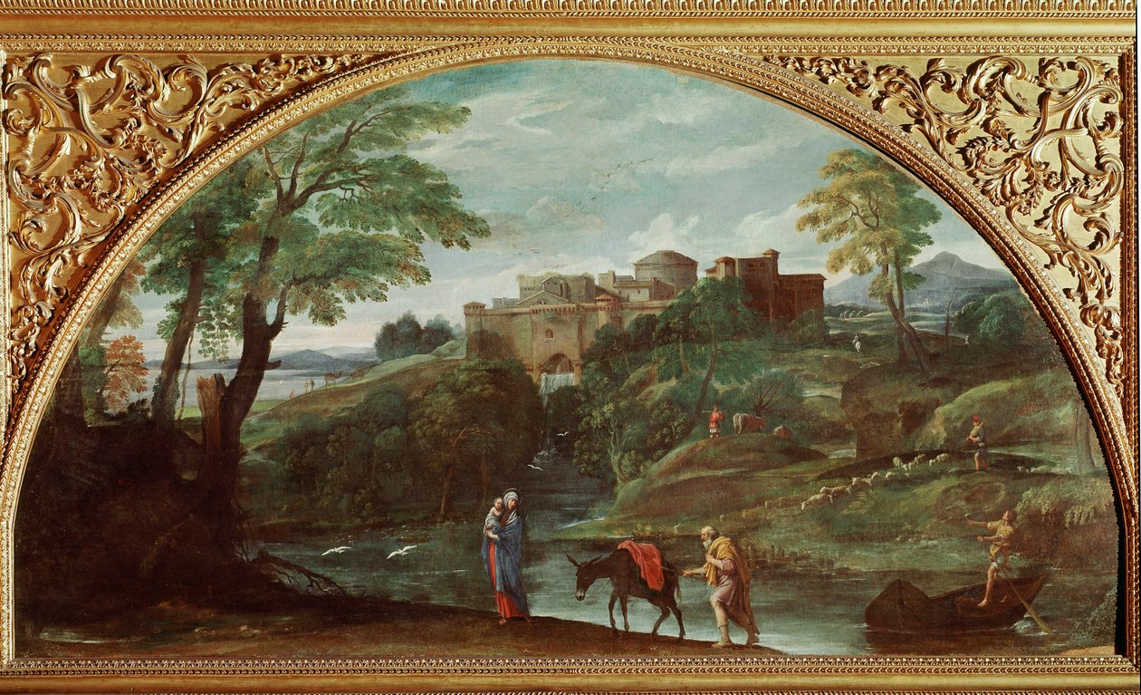 飞往埃及的航班。 Annibale Carracci dit Carrache (1560-1609) 的绘画。 昏暗：122x230 厘米。 Galleria Doria Pamphilj，罗马，意大利。 作者 Annibale Carracci