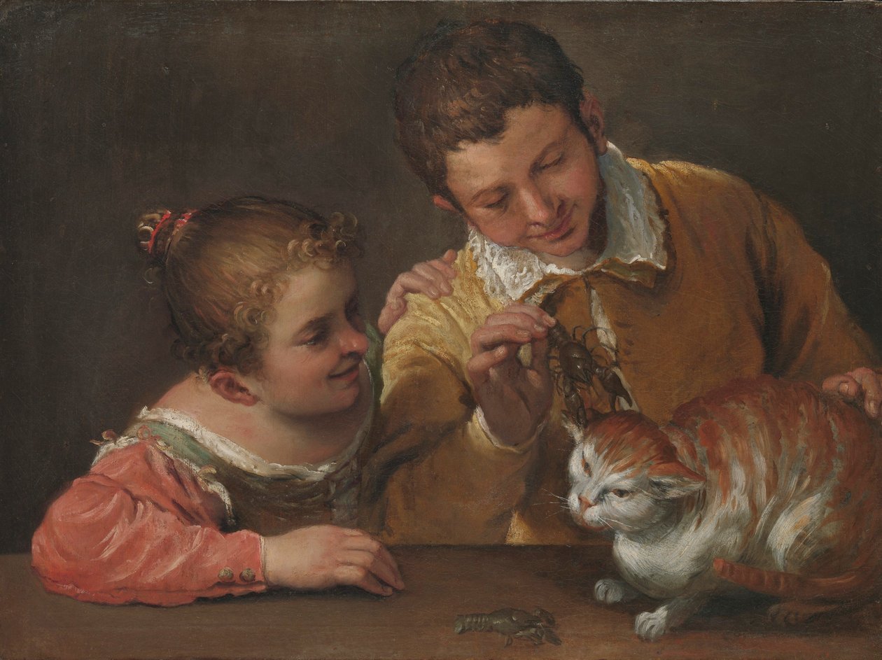 两个孩子逗猫（布面油画） 作者 Annibale Carracci