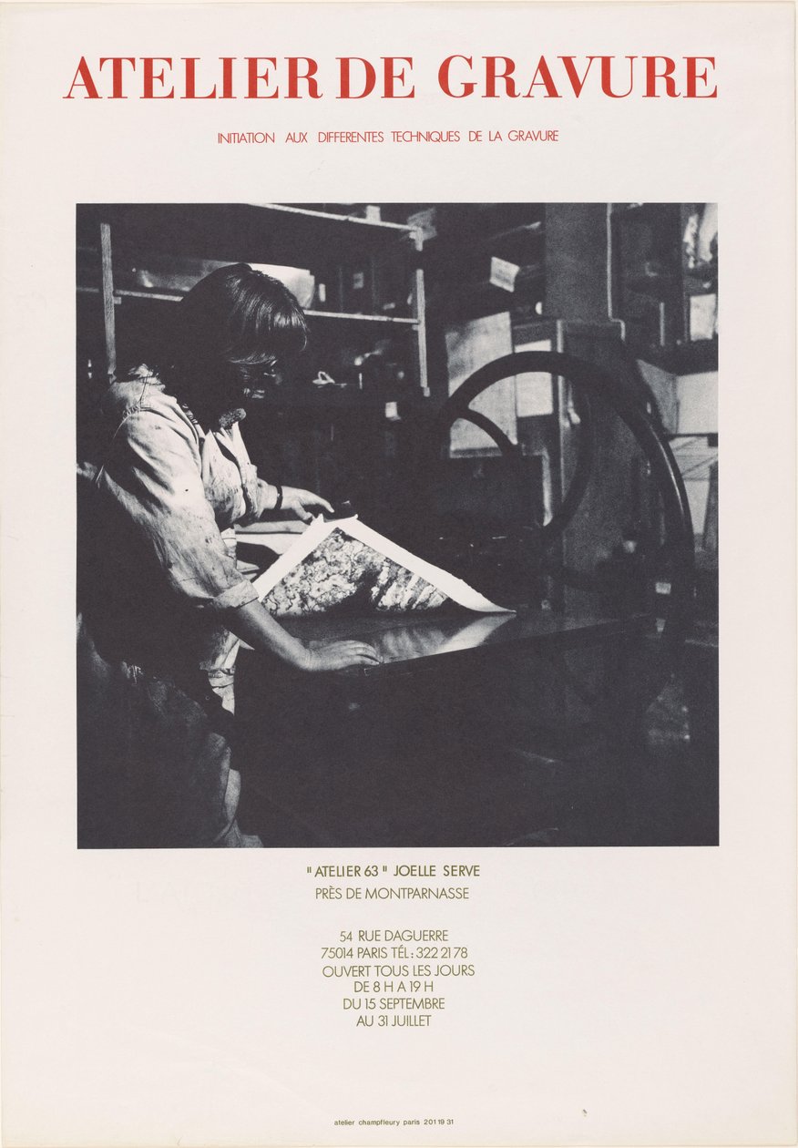 来自巴黎 Atelier 63 印刷公司的海报 Atelier de gravure ((...)) Atelier 63 Joelle Serve（物体上的标题） 作者 无名氏