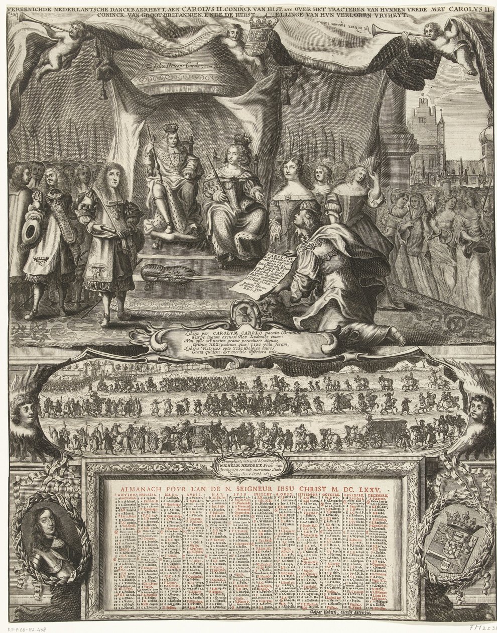 1674 年与英国媾和的寓言和 1675 年历书
Vereenichde Nederlantsche danckbaerheyt, aen Carolus II.Coninck of Hisp. etc. on tracting their peace with Carolus II.Coninck of Great Britannien, ende de herstelli 作者 无名氏