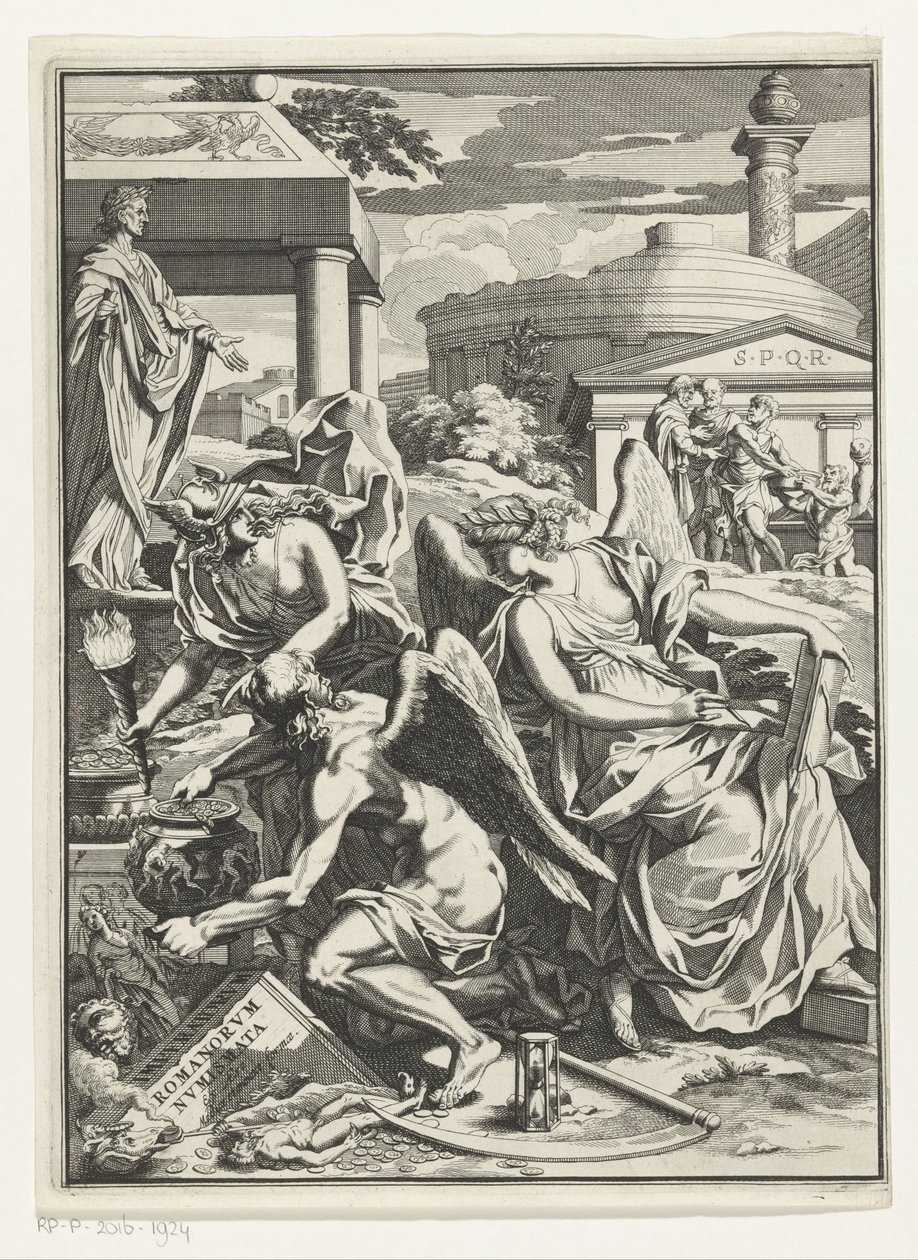 历史的寓意描绘，时间老人手持一罐硬币
扉页：卡尔-帕廷，Imperatorum romanorum numismata，s.a. 作者 无名氏