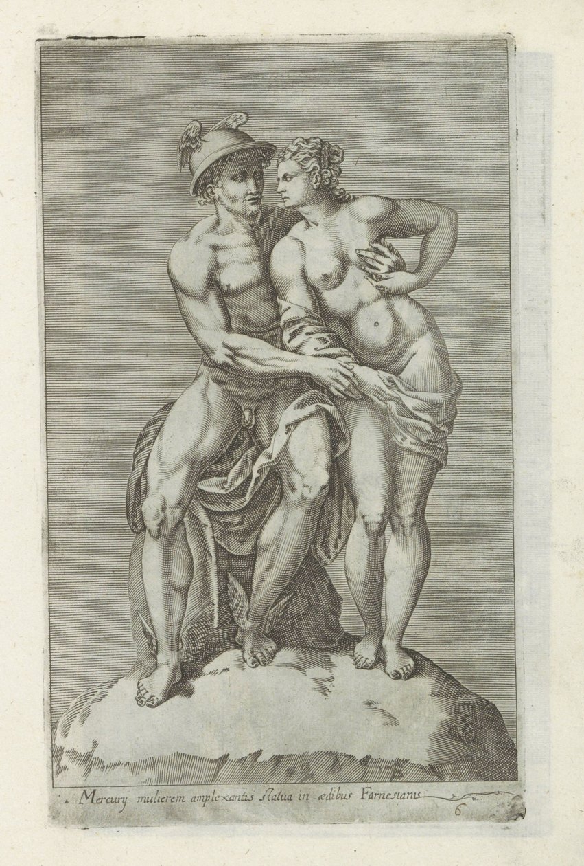 墨丘利和一个神像
Mercury mulierem amplexantis statua in aedibus Farnesianis（物品上的标题）
罗马的古代雕塑（系列名称）
Antiquarum statuarum urbis Romae quae in publicis locis visuntur icones（系列标题） 作者 无名氏