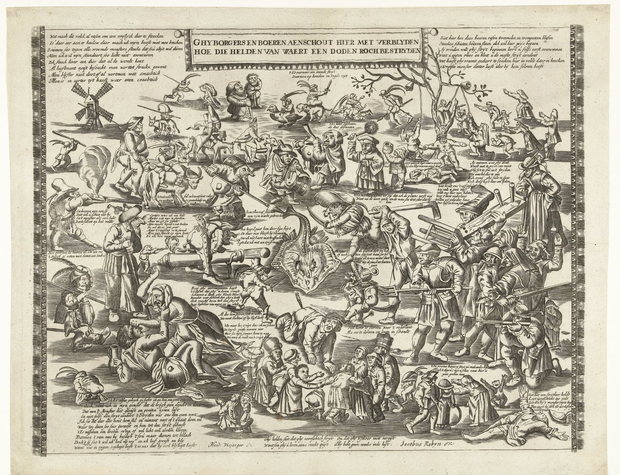 韦尔特的漫游者，约 1650 年
Ghy borgers en boeren aenschout hier met verblyden hoe die helden van Waert een doden roch bestryden（标题见实物） 作者 无名氏