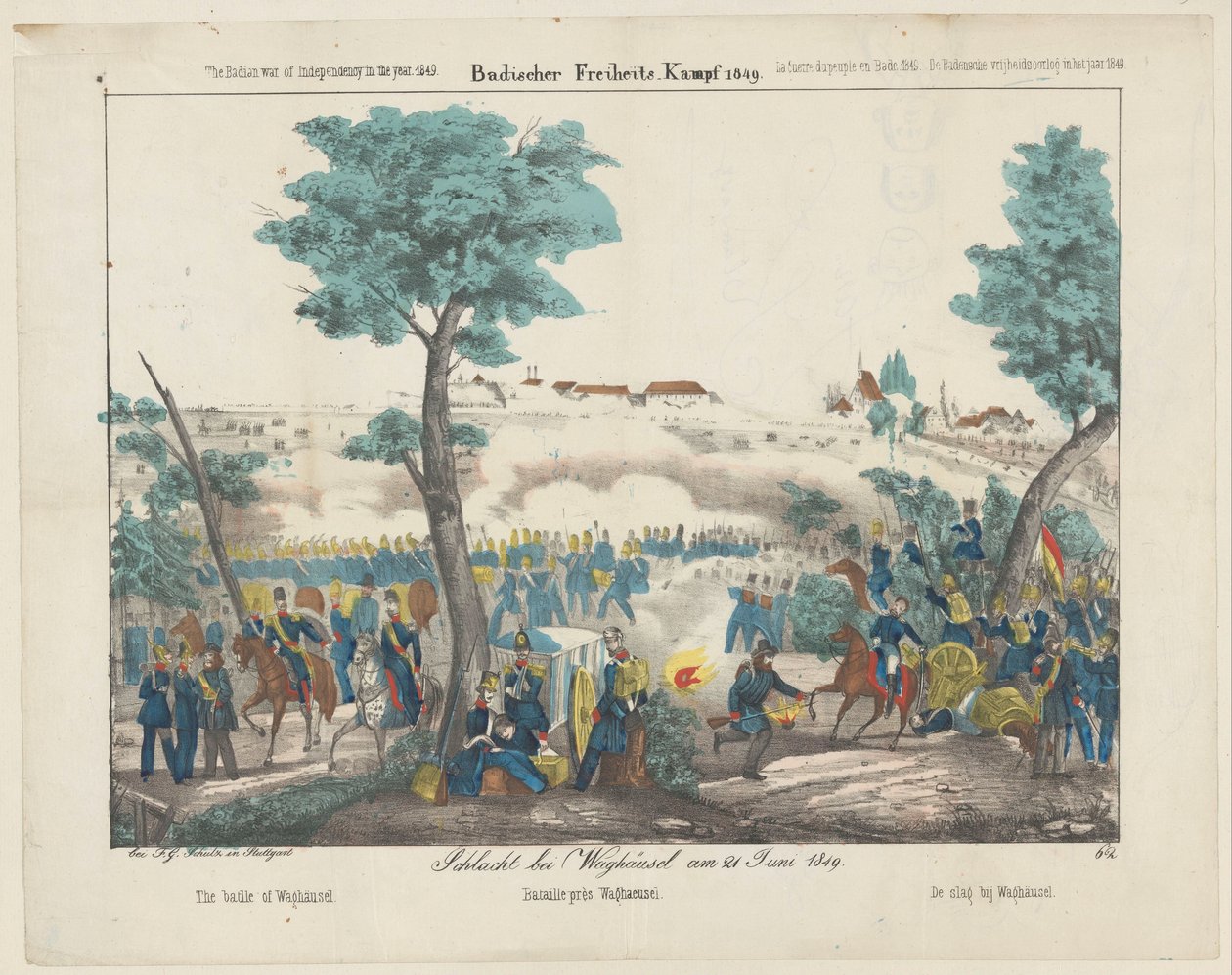 瓦格豪瑟尔战役，1849 年
Schlacht bei Waghäusel am 21 Juni 1849 / 瓦格豪瑟尔战役 / Bataille près Waghäusel / 瓦格豪瑟尔战役（标题见实物）
1849 年巴登什自由战士（......）（系列 ti 作者 无名氏