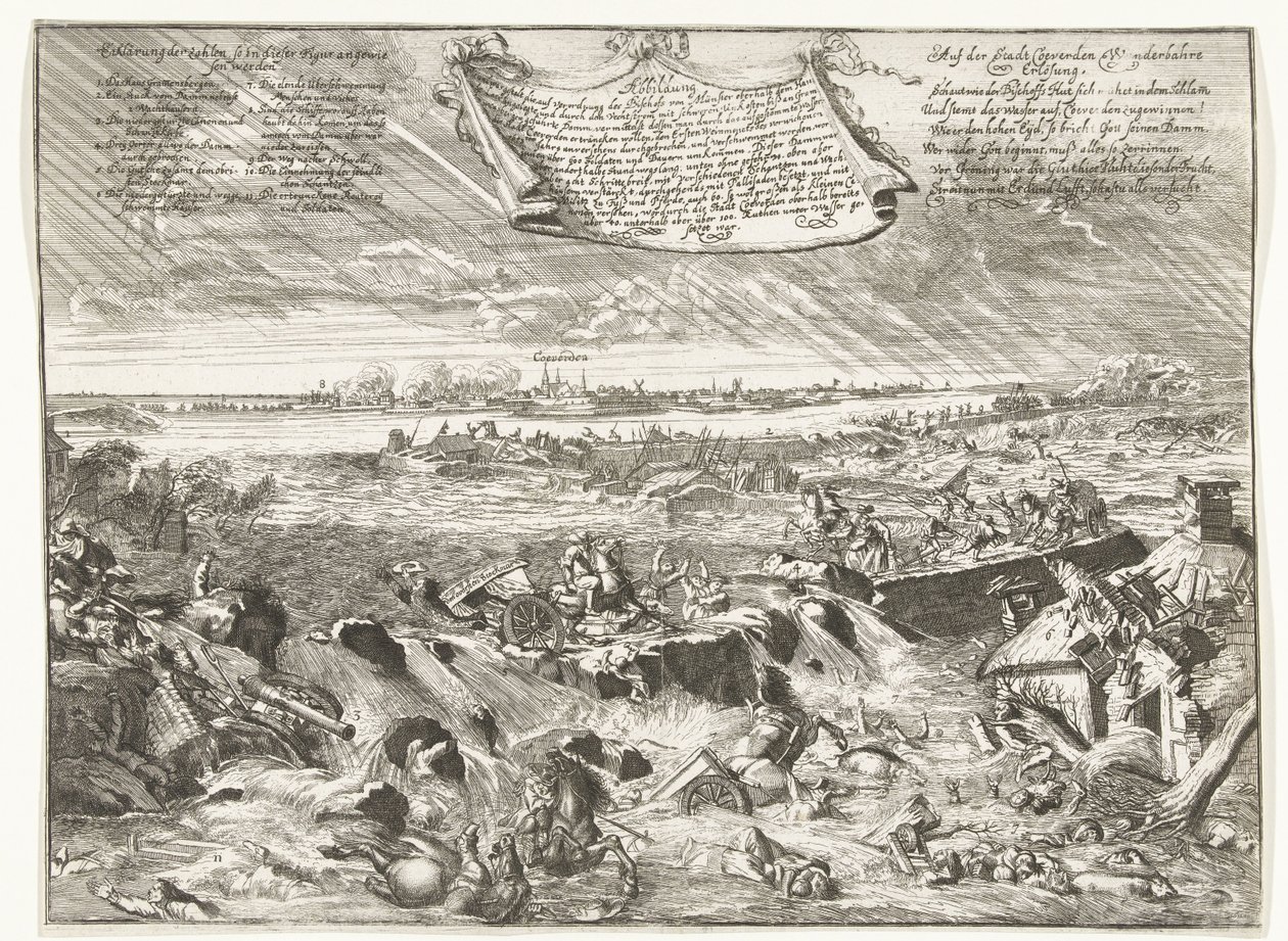 Dijkdoorbraak bij Coevorden，1673 年
根据明斯特主教的命令，说明如何和什么形状的（......）（物品上的标题） 作者 无名氏