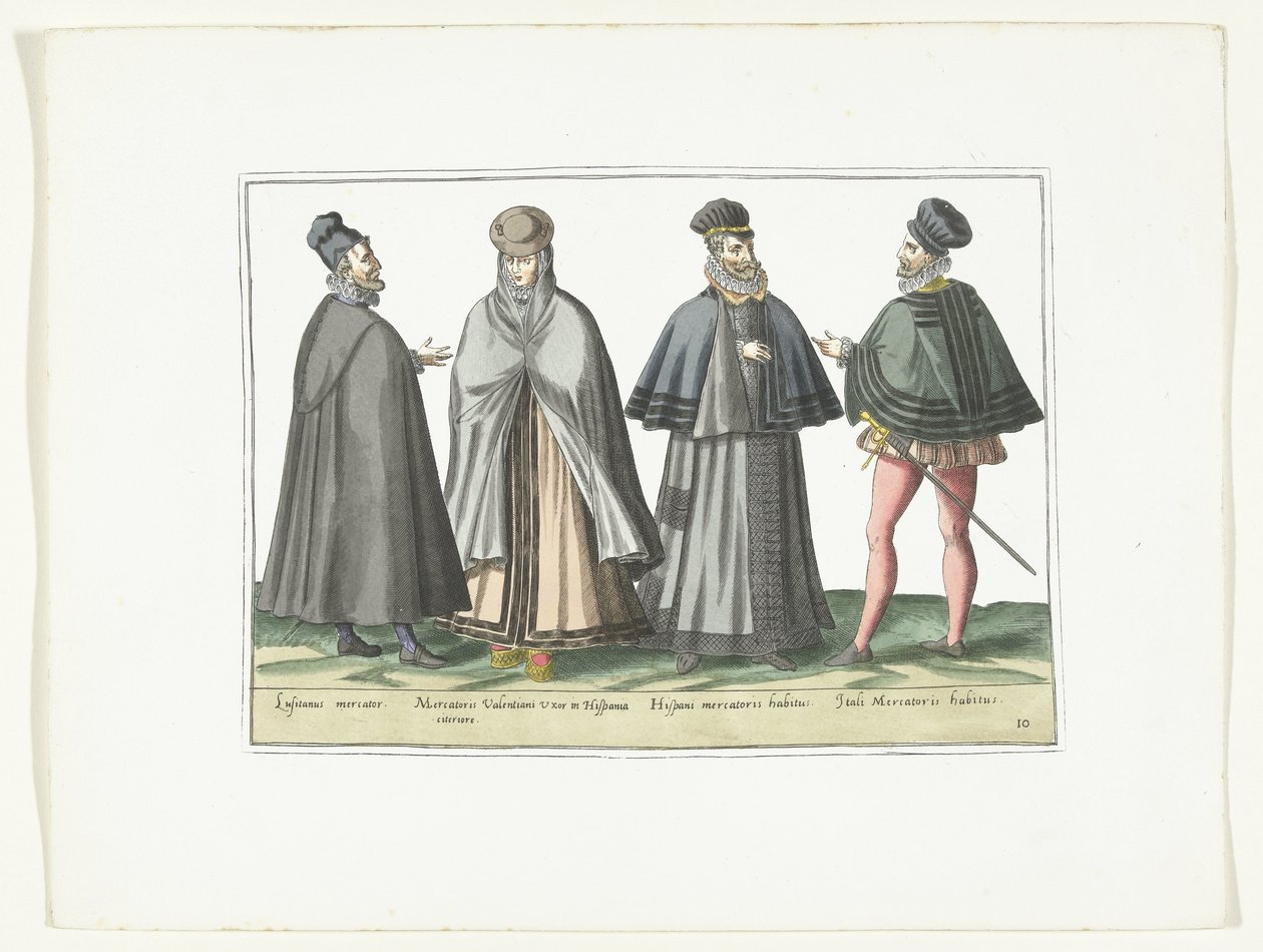 三男一女的外国服饰，约 1580 年
Modes étrangères（标题在实物上） 作者 无名氏